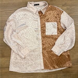 SHEIN Two-Tone Cream and Brown Leopard Jacquard Button-Down Shirt